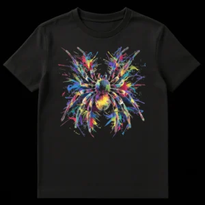 Vibrant multi-colored paint splatter spider graphic on a black t-shirt, showing a detailed arachnid surrounded by a burst of rainbow colors. on Black t-shirt