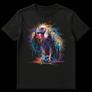 Vibrant Splatter Vulture T-Shirt, a dynamic and colorful abstract art design featuring a vulture in an explosion of rainbow paint splatters on a black background. on Black t-shirt