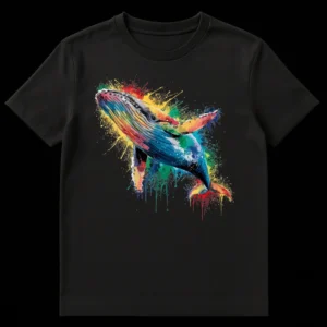 Vibrant Humpback Whale Splatter Art T-Shirt design with a rainbow of colors against a black background, showcasing an artistic whale on Black t-shirt