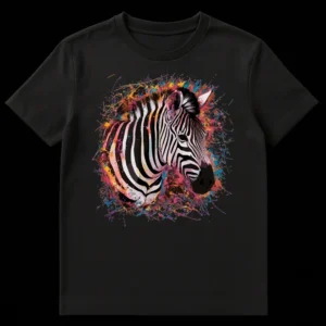 Vibrant Zebra head with multi-colored paint splatters on a black t-shirt, showcasing abstract art style for animal lovers. on Black t-shirt