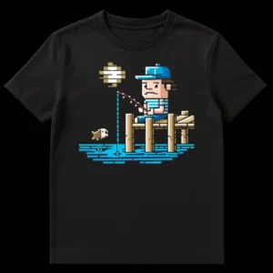 Pixel art t-shirt design featuring a fisherman on a dock with the Duck Hunt dog swimming in the water and a pixelated moon in the sky, in an 8-bit retro video game style. on Black t-shirt
