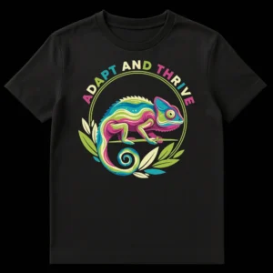 ADAPT AND THRIVE T-Shirt with colorful stylized chameleon on a branch, circular border, and foliage on black background on Black t-shirt