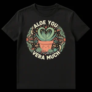 Aloe You Vera Much T-Shirt with happy plant and succulent design on Black t-shirt