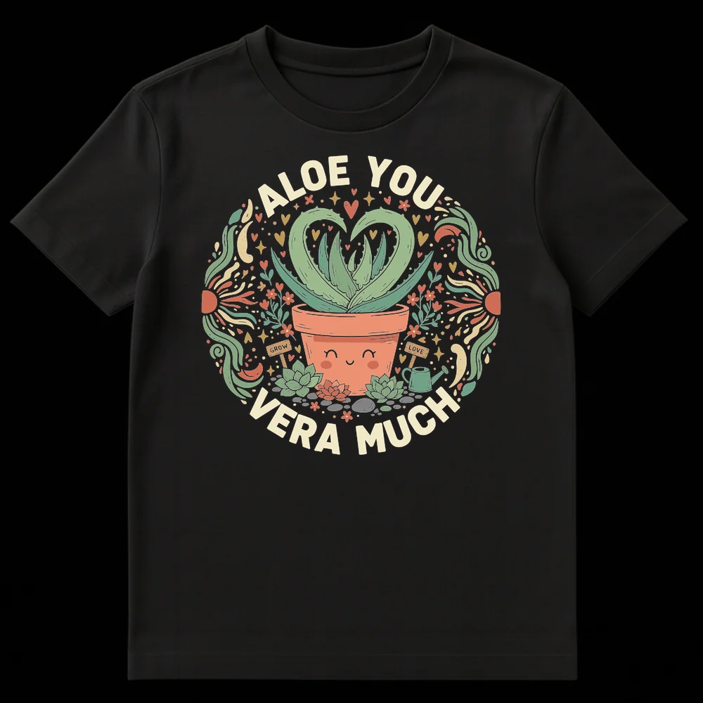 Aloe You Vera Much T-Shirt with happy plant and succulent design on Black t-shirt