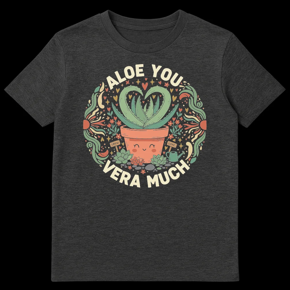 Aloe You Vera Much T-Shirt with happy plant and succulent design on Dark Heather t-shirt