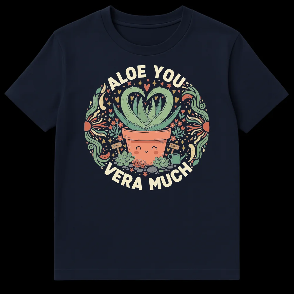 Aloe You Vera Much T-Shirt with happy plant and succulent design on Navy Blue t-shirt