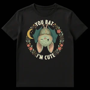 Cute winking bat t-shirt with 'YOU BAT I'M CUTE' pun on a black background, surrounded by flowers and a moon. on Black t-shirt