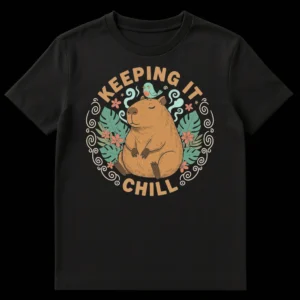 Cartoon capybara t-shirt with 'Keeping It Chill' text, surrounded by tropical leaves and flowers, a bird on its head, on a black background. on Black t-shirt
