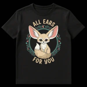 Fennec fox t-shirt with 'ALL EARS FOR YOU' text, featuring a cute desert fox illustration within a celestial border on a black background. on Black t-shirt
