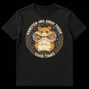 Cute chibi hamster t-shirt with 'Hamstering Away Those Good Times' text, showing a hamster hoarding photos and trinkets on Black t-shirt