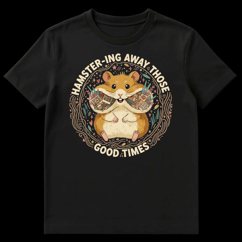 Cute chibi hamster t-shirt with 'Hamstering Away Those Good Times' text, showing a hamster hoarding photos and trinkets on Black t-shirt