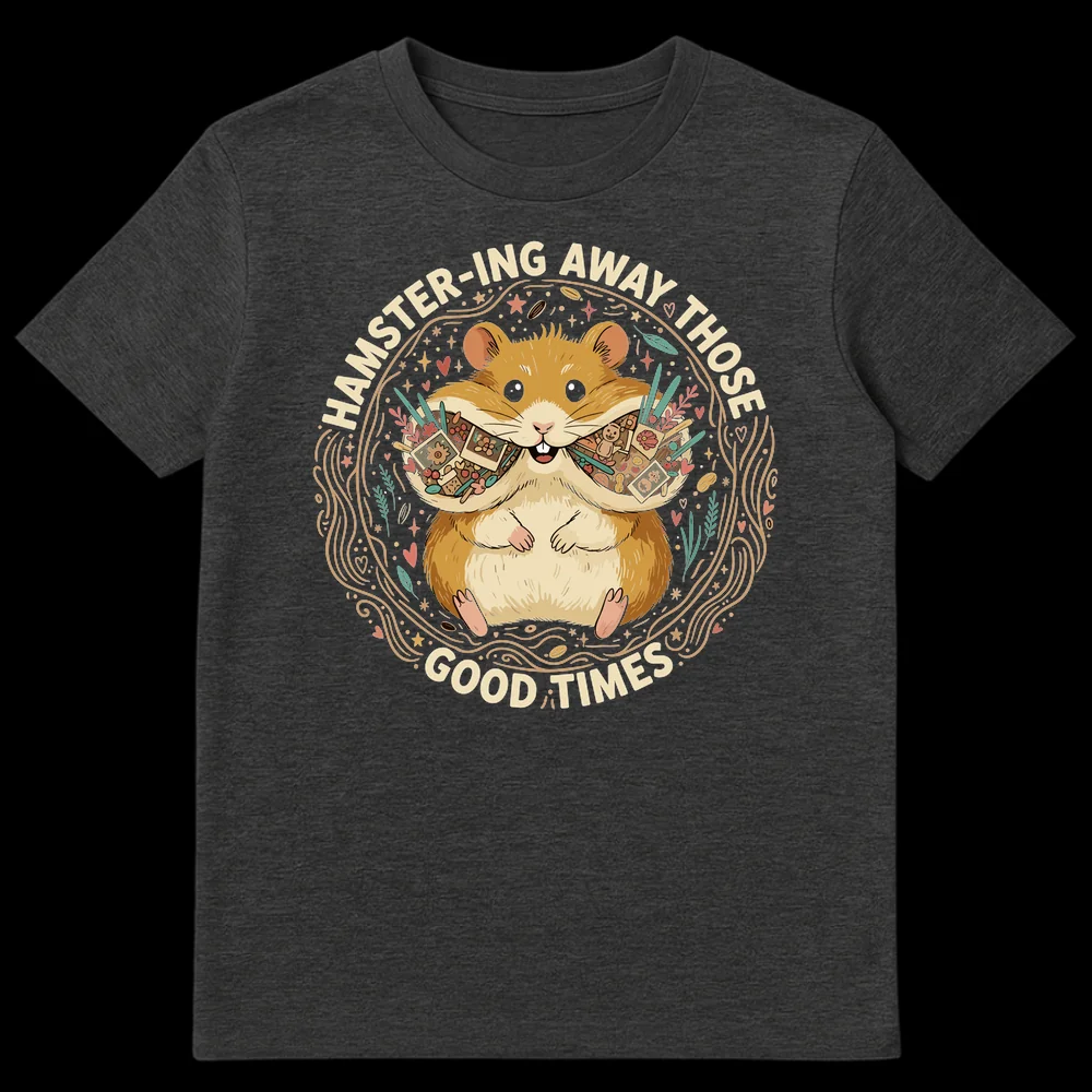 Cute chibi hamster t-shirt with 'Hamstering Away Those Good Times' text, showing a hamster hoarding photos and trinkets on Dark Heather t-shirt