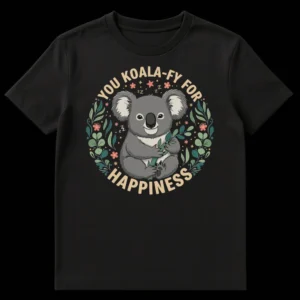 Cute koala t-shirt with 'YOU KOALA-FY FOR HAPPINESS' text and eucalyptus wreath. Whimsical koala animal apparel. on Black t-shirt