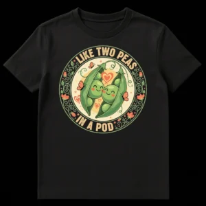 Cute cartoon t-shirt with two smiling green peas in a pod, surrounded by hearts and a floral border, with the text 'LIKE TWO PEAS IN A POD' on Black t-shirt