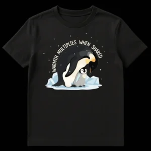 T-shirt with cartoon style illustration of an adult emperor penguin huddling a chick, with text 'WARMTH MULTIPLIES WHEN SHARED'. on Black t-shirt