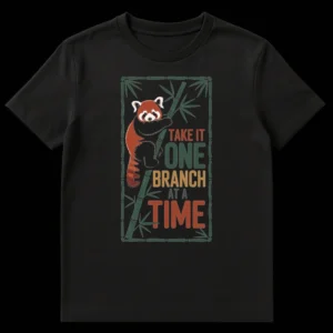 Red panda clinging to bamboo with text 'TAKE IT ONE BRANCH AT A TIME' in a modern illustrative style on Black t-shirt