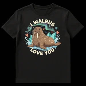 Cartoon walrus in arctic setting with aurora borealis and hearts, text 'I WALRUS LOVE YOU' on Black t-shirt