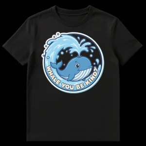 Cute cartoon whale t-shirt with the pun 'WHALE YOU BE KIND?' in a circular water splash design on Black t-shirt