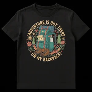 Vintage-style graphic t-shirt with a detailed illustration of a hiking backpack surrounded by nature elements and the text 'ADVENTURE IS OUT THERE (IN MY BACKPACK)' on Black t-shirt