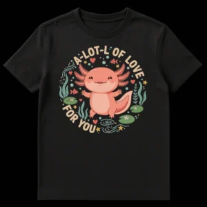 Cute cartoon axolotl t-shirt with 'A-LOT-L' OF LOVE FOR YOU' text, featuring an underwater scene with fish and lily pads on Black t-shirt