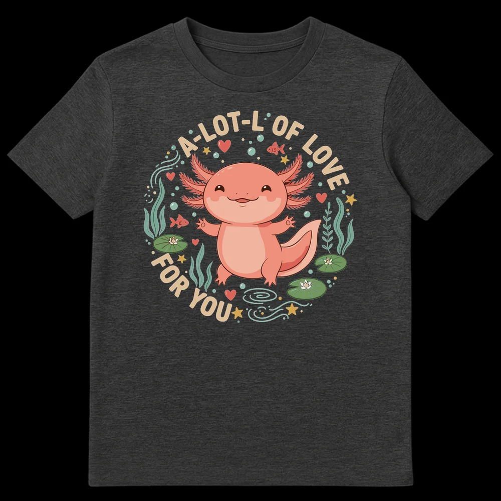 Cute cartoon axolotl t-shirt with 'A-LOT-L' OF LOVE FOR YOU' text, featuring an underwater scene with fish and lily pads on Dark Heather t-shirt