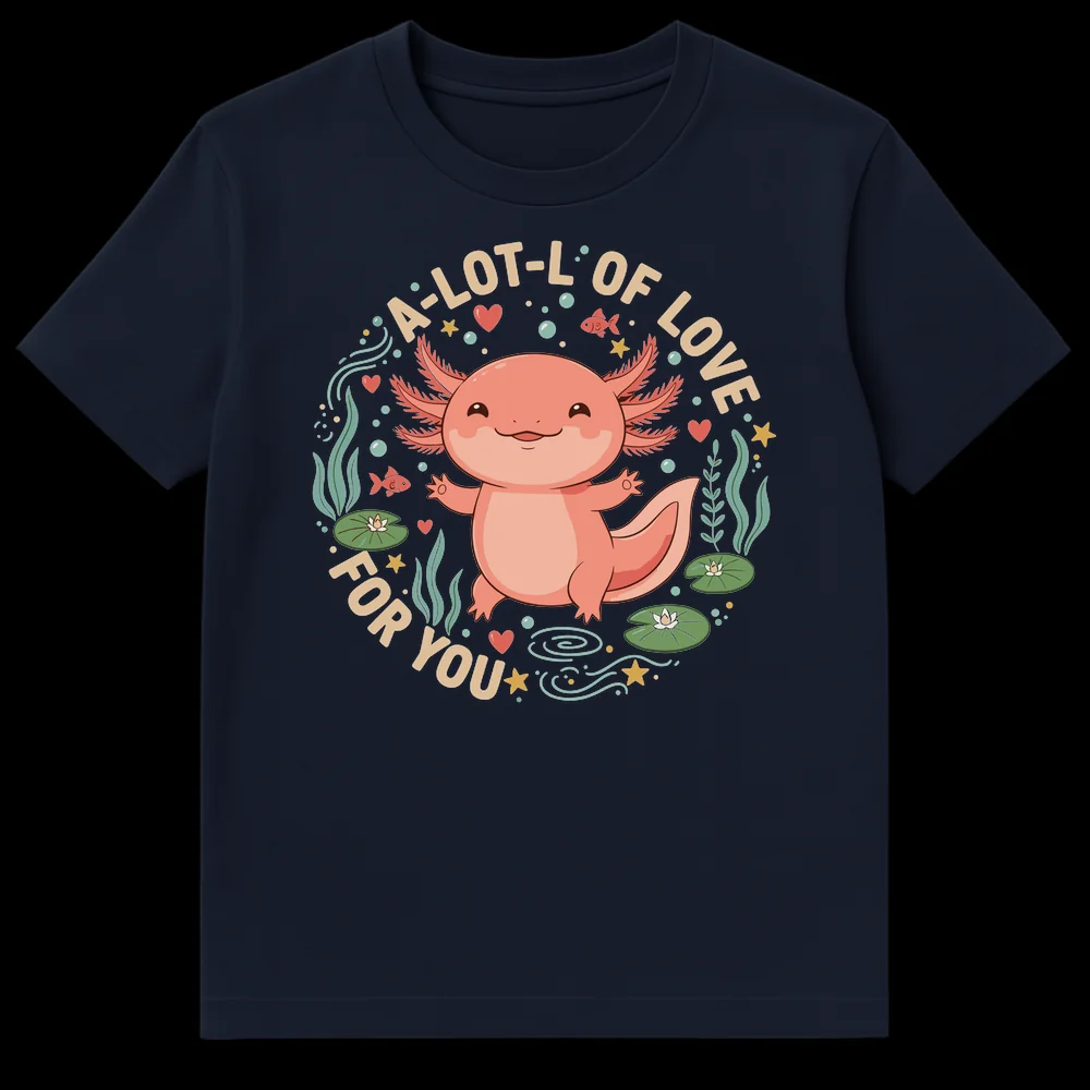 Cute cartoon axolotl t-shirt with 'A-LOT-L' OF LOVE FOR YOU' text, featuring an underwater scene with fish and lily pads on Navy Blue t-shirt
