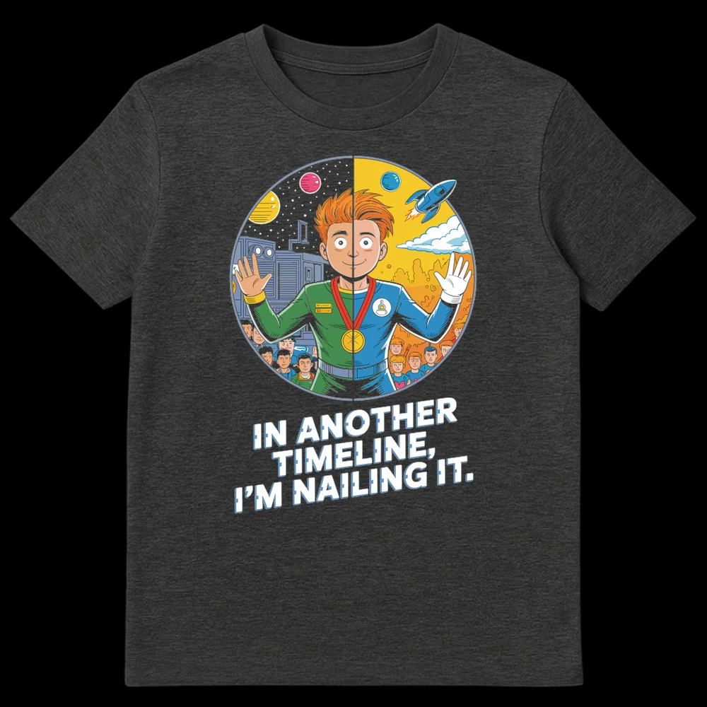 T-shirt with 'In Another Timeline, I'm Nailing It' text and an astronaut succeeding in two alternate space timelines on Dark Heather t-shirt