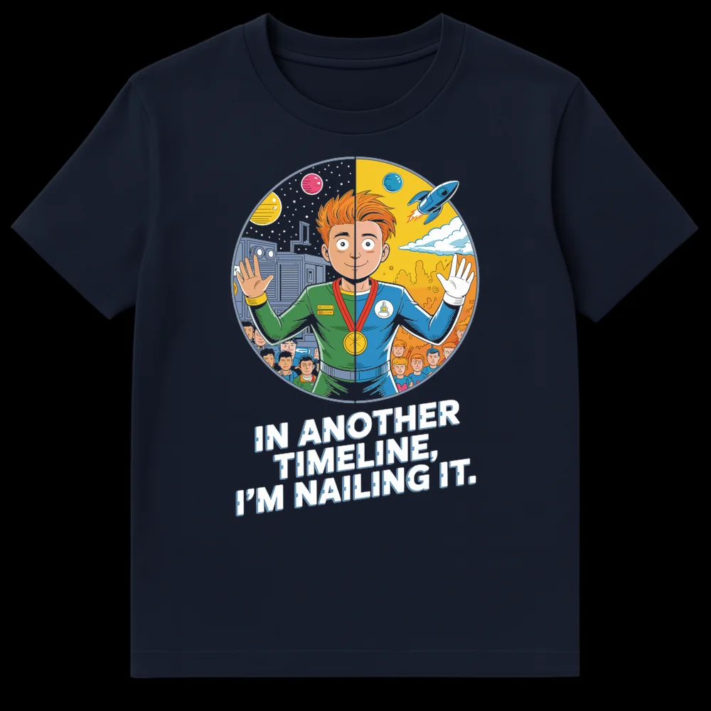 T-shirt with 'In Another Timeline, I'm Nailing It' text and an astronaut succeeding in two alternate space timelines on Navy Blue t-shirt