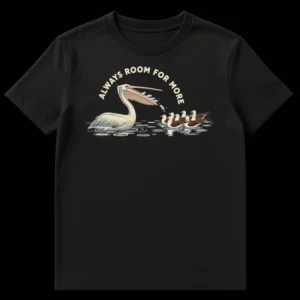Humorous t-shirt design with a pelican whose pouch is overflowing with fish and the text 'ALWAYS ROOM FOR MORE' on Black t-shirt