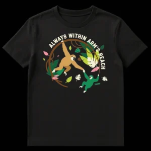 T-shirt with two gibbons holding hands in a jungle, text 'ALWAYS WITHIN ARM'S REACH FRIEND' on Black t-shirt