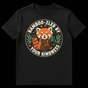 Cartoon red panda t-shirt with 'Bamboo-zled by Your Kindness' text and bamboo, stars, and leaves on a black background on Black t-shirt