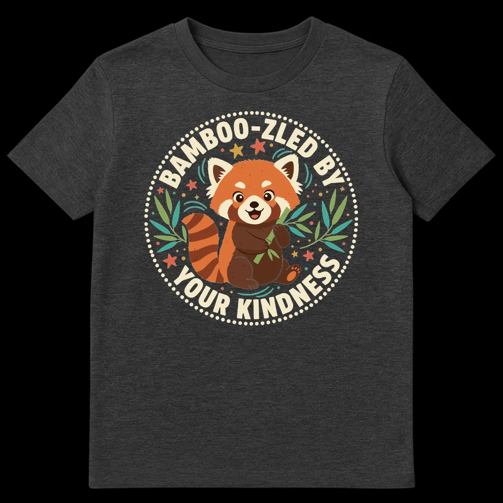 Cartoon red panda t-shirt with 'Bamboo-zled by Your Kindness' text and bamboo, stars, and leaves on a black background on Dark Heather t-shirt