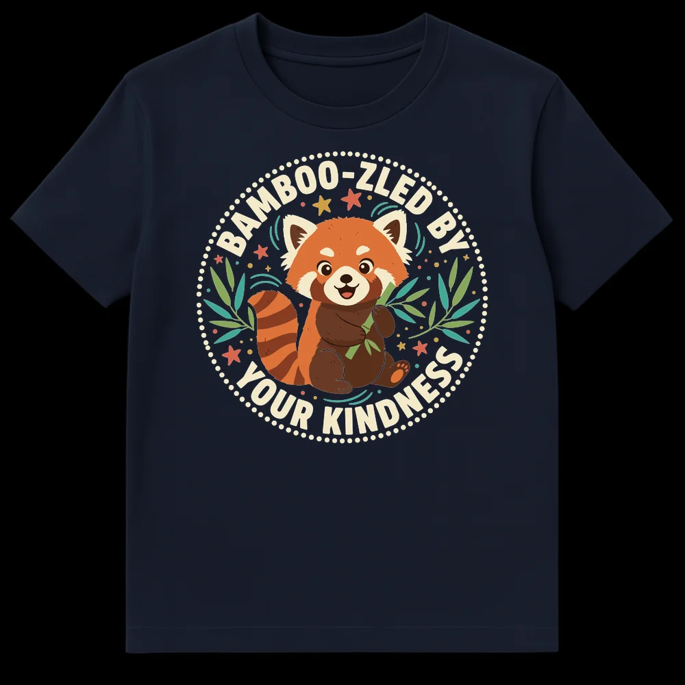 Cartoon red panda t-shirt with 'Bamboo-zled by Your Kindness' text and bamboo, stars, and leaves on a black background on Navy Blue t-shirt