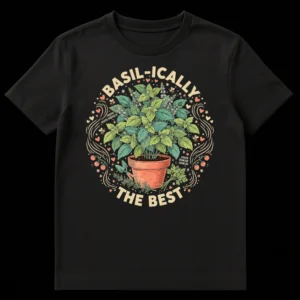 Basil-ically The Best t-shirt with potted basil plant, tomatoes, herbs, and pesto pun for gardeners and cooks on Black t-shirt