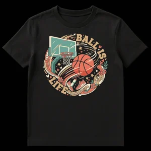 Black t-shirt with a retro psychedelic basketball graphic and 'BALL IS LIFE' text. Design includes a basketball, hoop, sneakers, hearts, and stars. on Black t-shirt