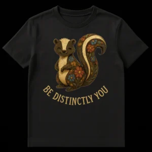 BE DISTINCTLY YOU t-shirt with a smiling, flower-adorned skunk in textured folk art style, on a black background. on Black t-shirt