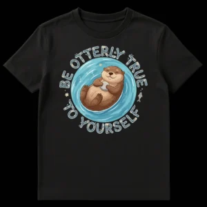 Cute cartoon sea otter floating on its back, holding a rock, with 'BE OTTERLY TRUE TO YOURSELF' text on a black t-shirt on Black t-shirt