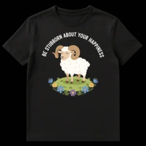 Cute ram t-shirt with 'Be Stubborn About Your Happiness' text on a black background with flowers on Black t-shirt