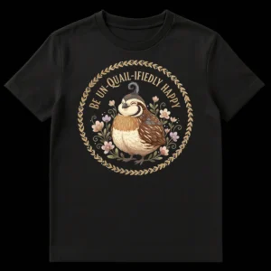 T-shirt with a cartoon quail in a floral wreath and text 'BE UN-QUAIL-IFIEDLY HAPPY' on a black background on Black t-shirt