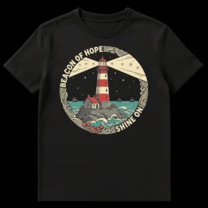Beacon of Hope Shine On Lighthouse Inspirational Design T-Shirt with hearts in light beams on Black t-shirt