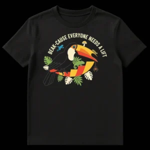 Black t-shirt featuring a colorful toucan with smaller jungle animals like a frog, chameleon, caterpillar, spider, and mushroom, with text 'BEAK-CAUSE EVERYONE NEEDS A LIFT' in creamy off-white. on Black t-shirt