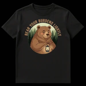 Whimsical cartoon bear holding a glowing lantern with 'BEAR YOUR BURDENS LIGHTLY' text on a black t-shirt. Earthy tones and forest background. on Black t-shirt