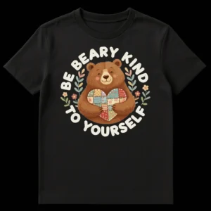 Cute brown bear hugging a patchwork heart with text BE BEARY KIND TO YOURSELF, on a black t-shirt. on Black t-shirt