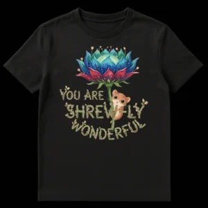 Black t-shirt with a colorful illustration of a shrew and a large fantastical flower, with 'YOU ARE SHREWELY WONDERFUL' text in branch-like letters. on Black t-shirt