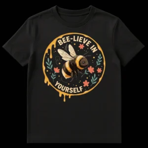 Whimsical 'BEE-LIEVE IN YOURSELF' t-shirt featuring a friendly bumblebee, honey drips, and flowers in a modern illustrative style. on Black t-shirt