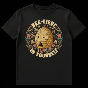 Bee-lieve in Yourself T-Shirt with cute cartoon bees, smiling beehive, dripping honey, and flowers on a black background on Black t-shirt