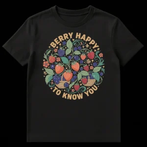 Black t-shirt with a colorful, hand-drawn circular design of strawberries, blueberries, raspberries, blackberries, leaves, and a bee, with the text 'BERRY HAPPY TO KNOW YOU' in the center. on Black t-shirt