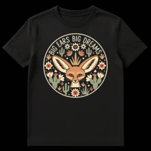 Fennec Fox 'BIG EARS BIG DREAMS' T-Shirt with desert cacti and celestial elements in a circular design on a black background on Black t-shirt