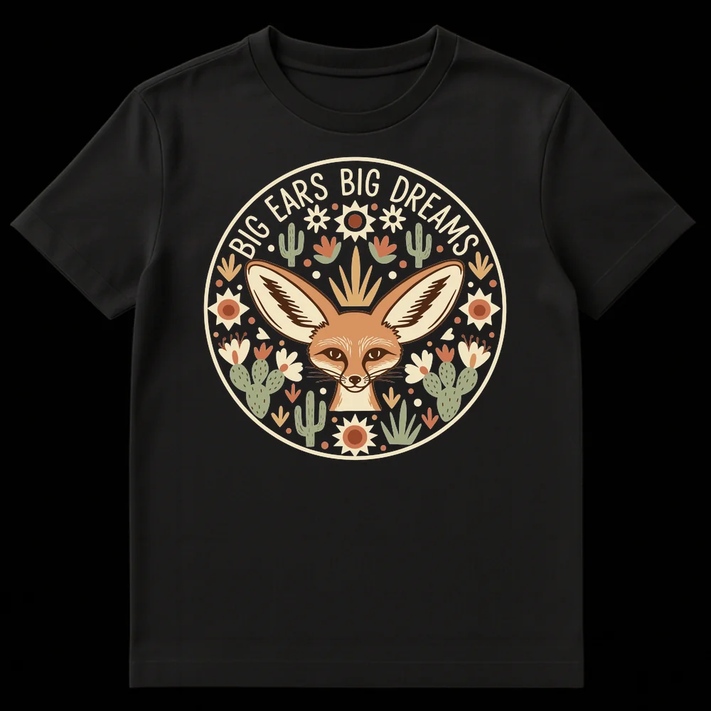 Fennec Fox 'BIG EARS BIG DREAMS' T-Shirt with desert cacti and celestial elements in a circular design on a black background on Black t-shirt