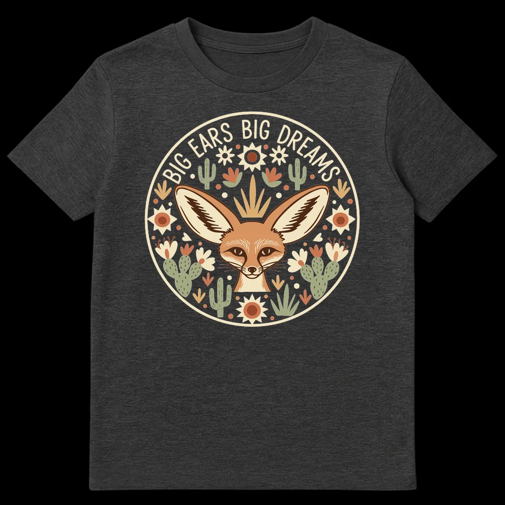 Fennec Fox 'BIG EARS BIG DREAMS' T-Shirt with desert cacti and celestial elements in a circular design on a black background on Dark Heather t-shirt